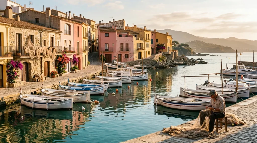 Petit port avec bateaux de pêche et maisons colorées