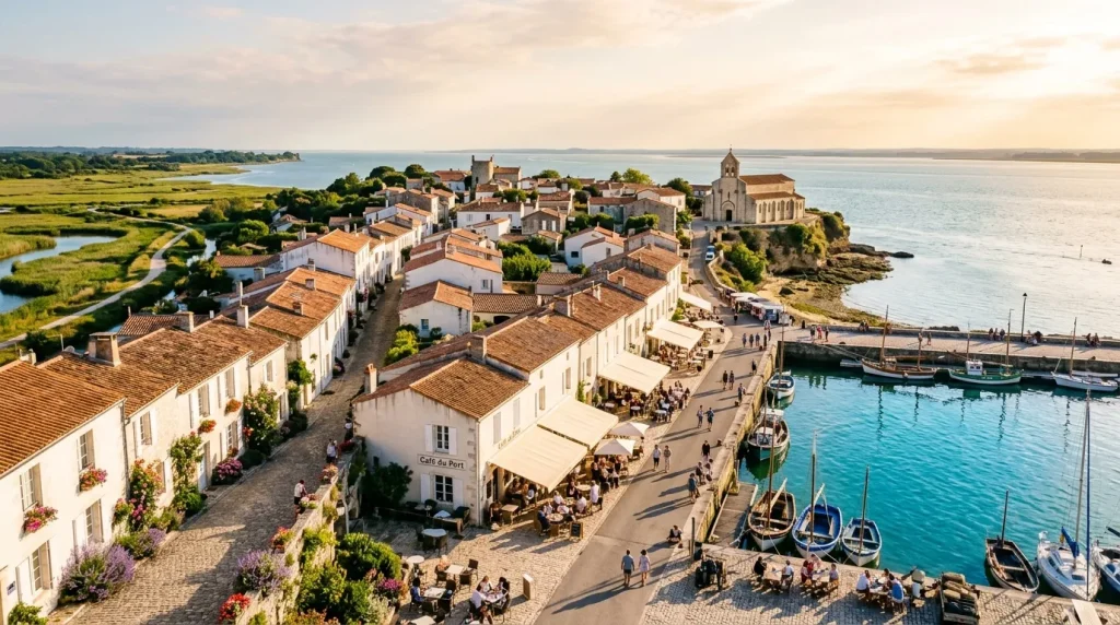 Vue aérienne d'un village côtier avec port et église.