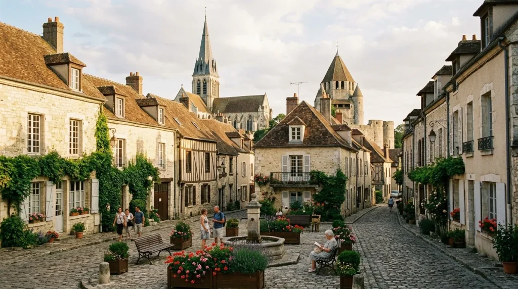 Place pavée d'un village médiéval avec église en arrière-plan