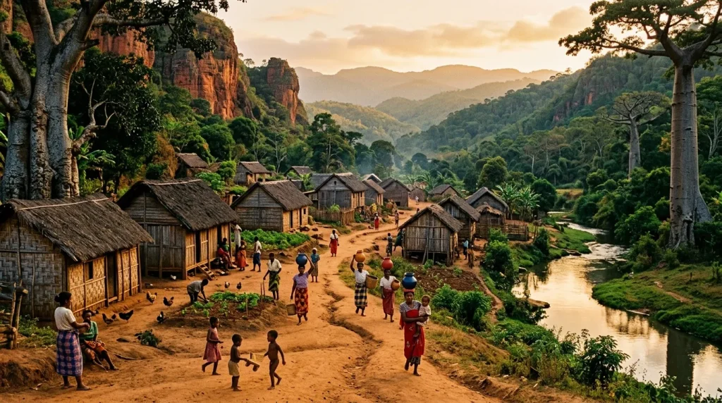 Village africain au bord d'une rivière, entouré de montagnes boisées
