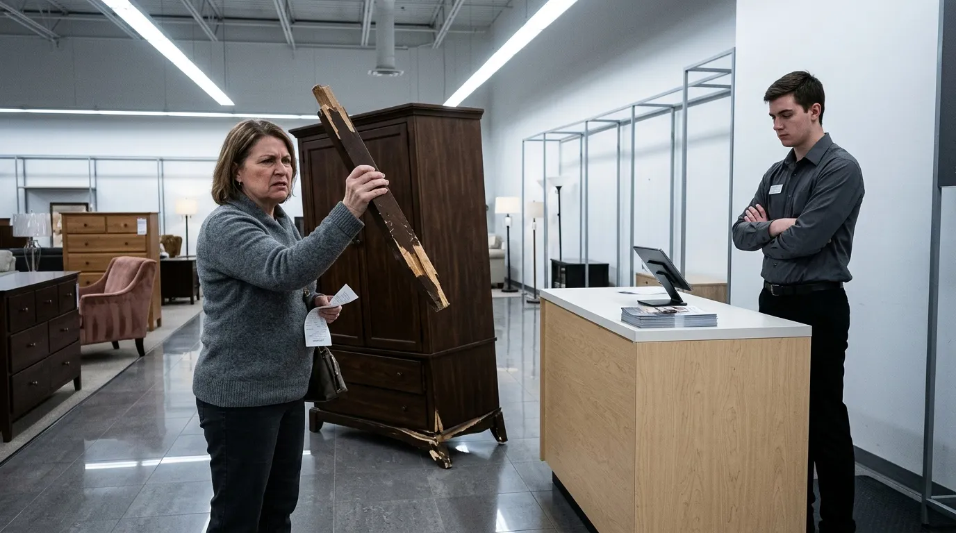 Femme examine meuble bois avec vendeur en magasin