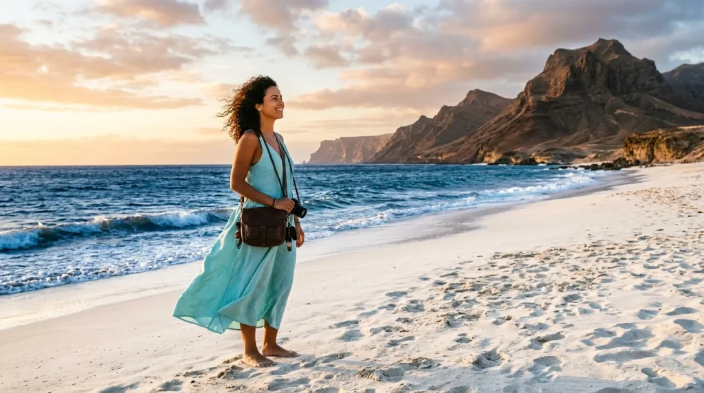 Femme en robe turquoise regardant la mer sur une plage