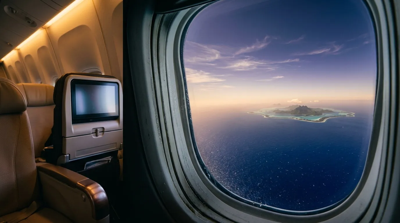 Hublot d'avion surplombant une île tropicale au coucher de soleil