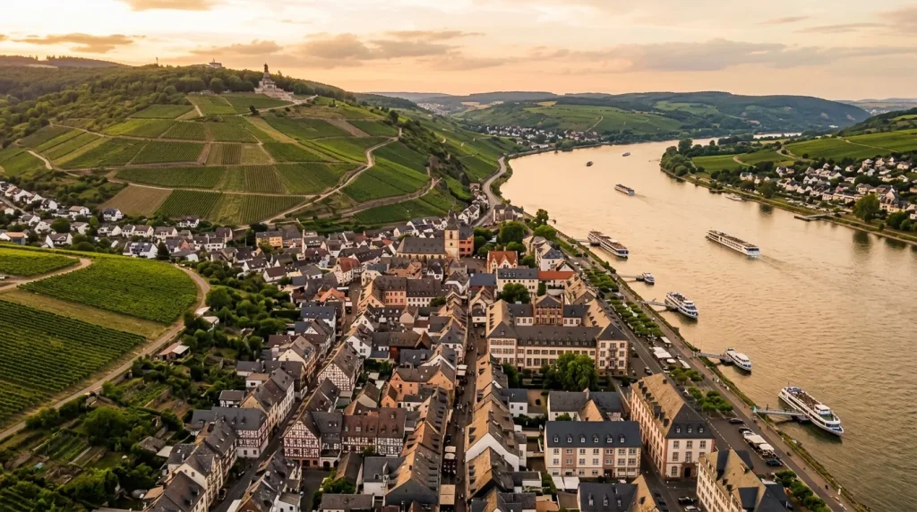 Village viticole allemand le long d'une rivière avec vignobles