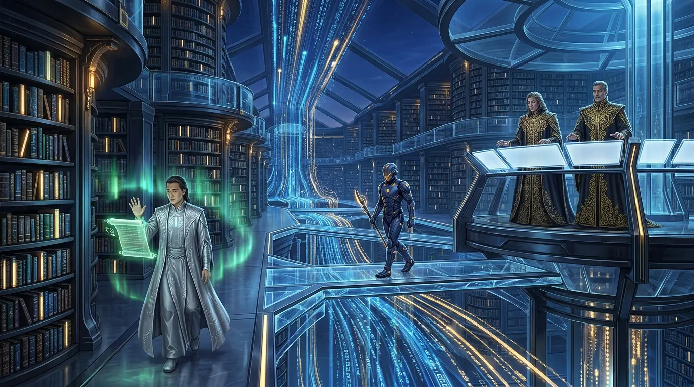 Figures dans bibliothèque futuriste avec technologie holographique bleue