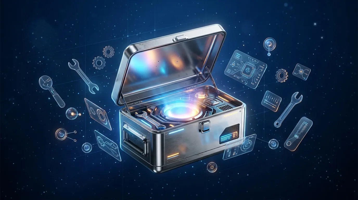 Coffre métallique ouvert avec composants technologiques brillants et outils numériques