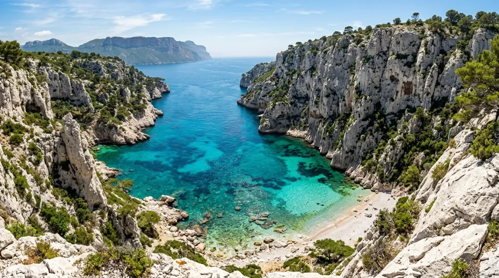 Baie turquoise encadrée par falaises calcaires blanches.
