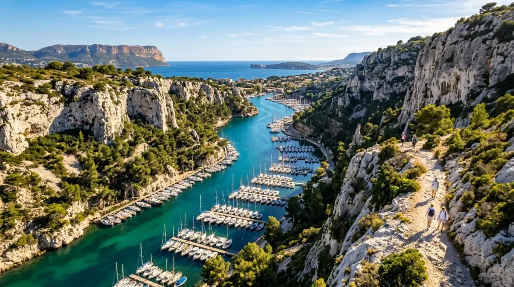 Vue aérienne d'une calanque avec falaises calcaires et bateaux amarrés