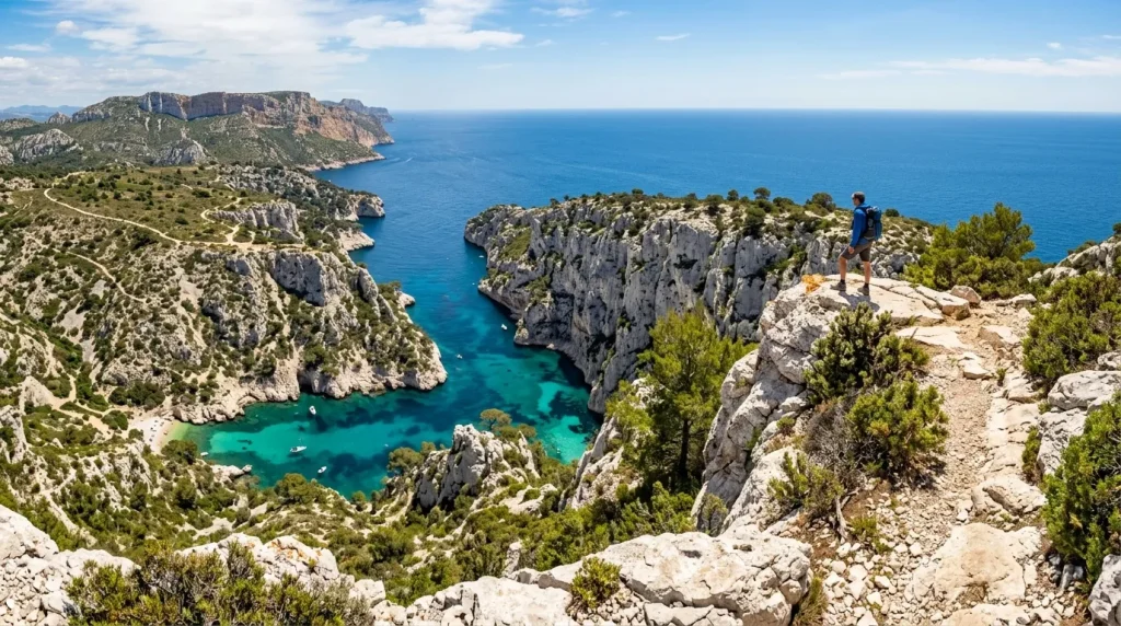 Randonneur observant les calanques rocheuses bleues méditerranéennes