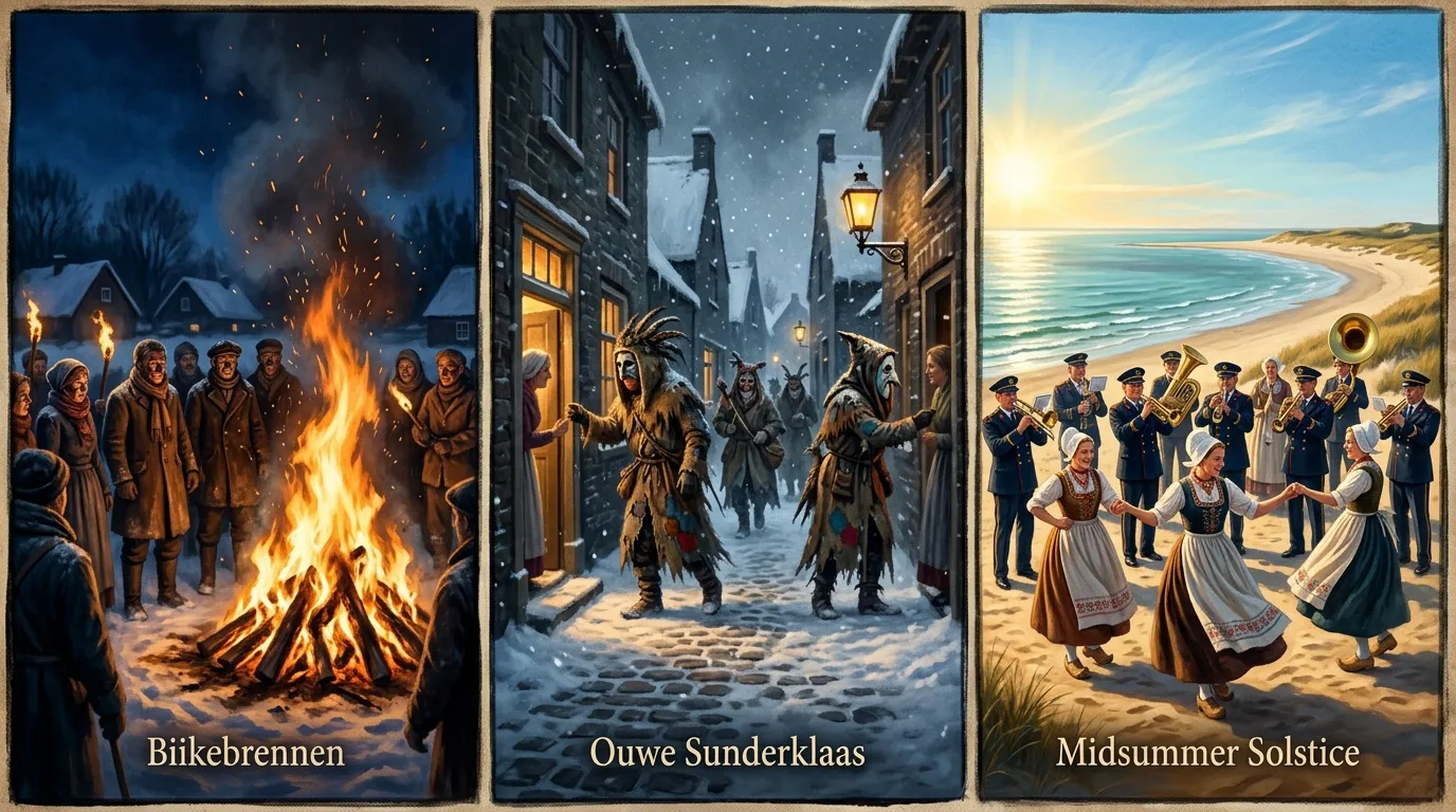 Trois panneaux illustrant fêtes hivernales et estivales nordiques
