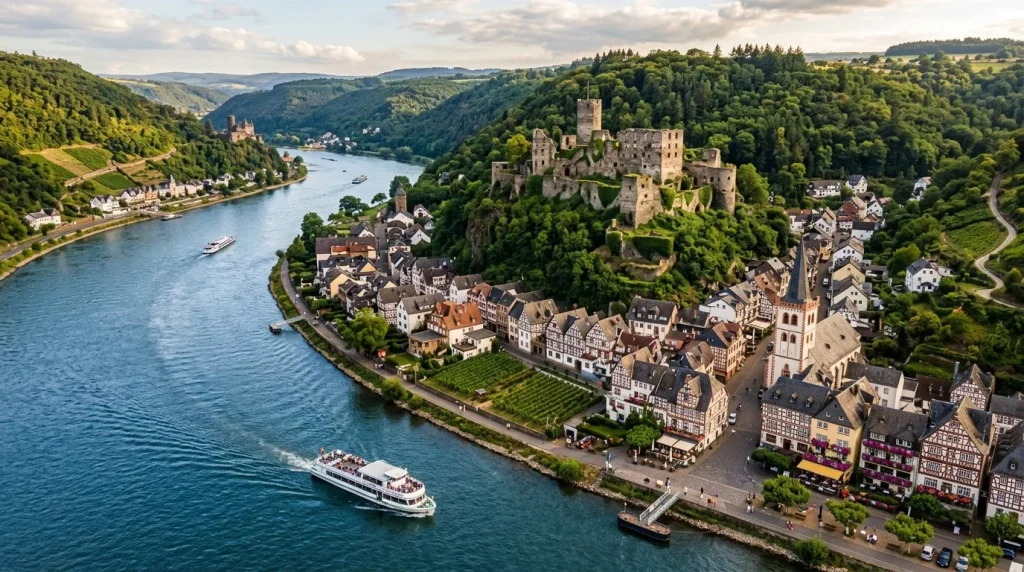 Vue aérienne d'un château médiéval surplombant une ville fluviale.