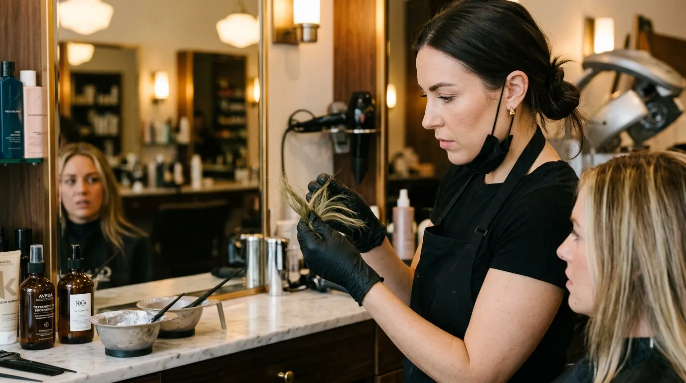 Professionnelle en noir appliquer soin cheveux cliente salon