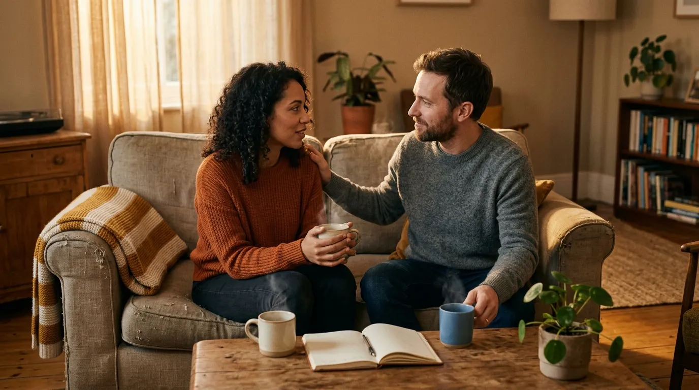 Couple assis sur canapé, discutant avec café et livre