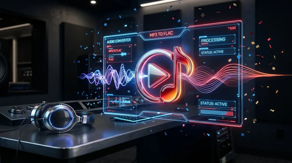 Interface numérique convertissant MP3 en FLAC avec casque