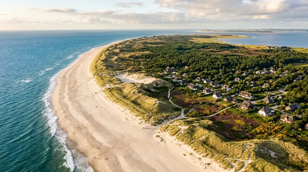 Plage de sable blond, dunes, forêts et maisons côtières.