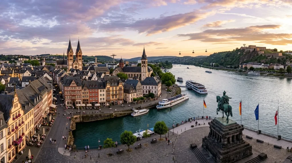 Vue panoramique de Coblence au coucher de soleil avec le Rhin et monuments historiques.