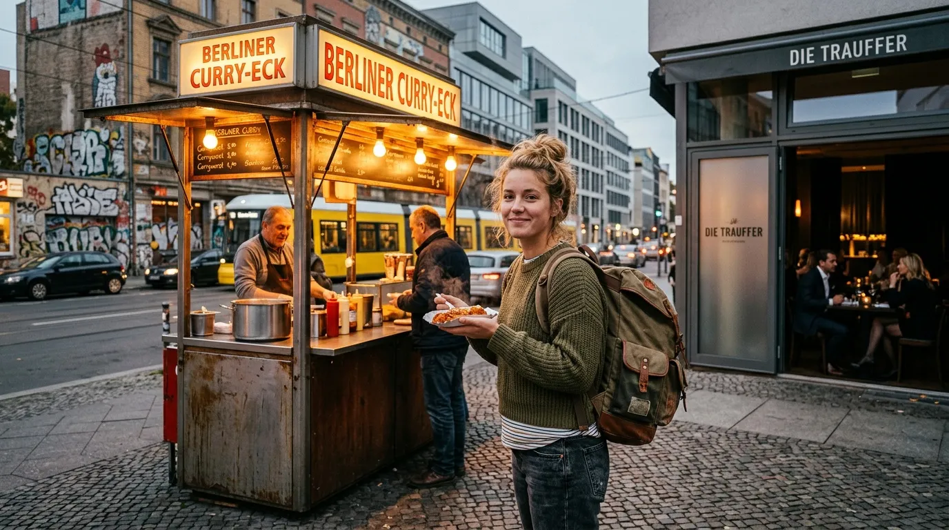 Jeune femme dégustant un curry devant un stand berlinois emblématique