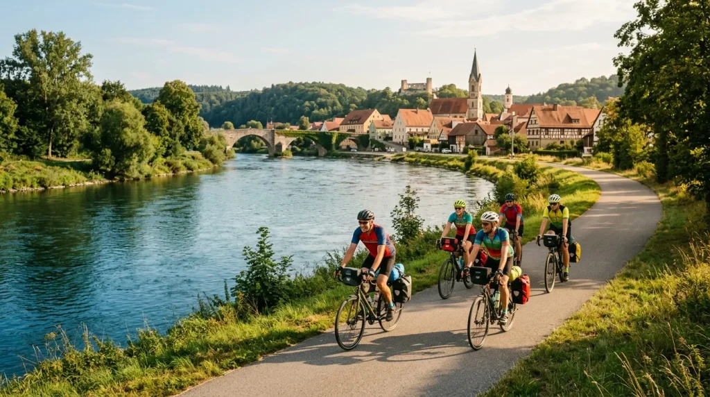 Groupe de cyclistes sur piste longeantt rivière avec village médiéval