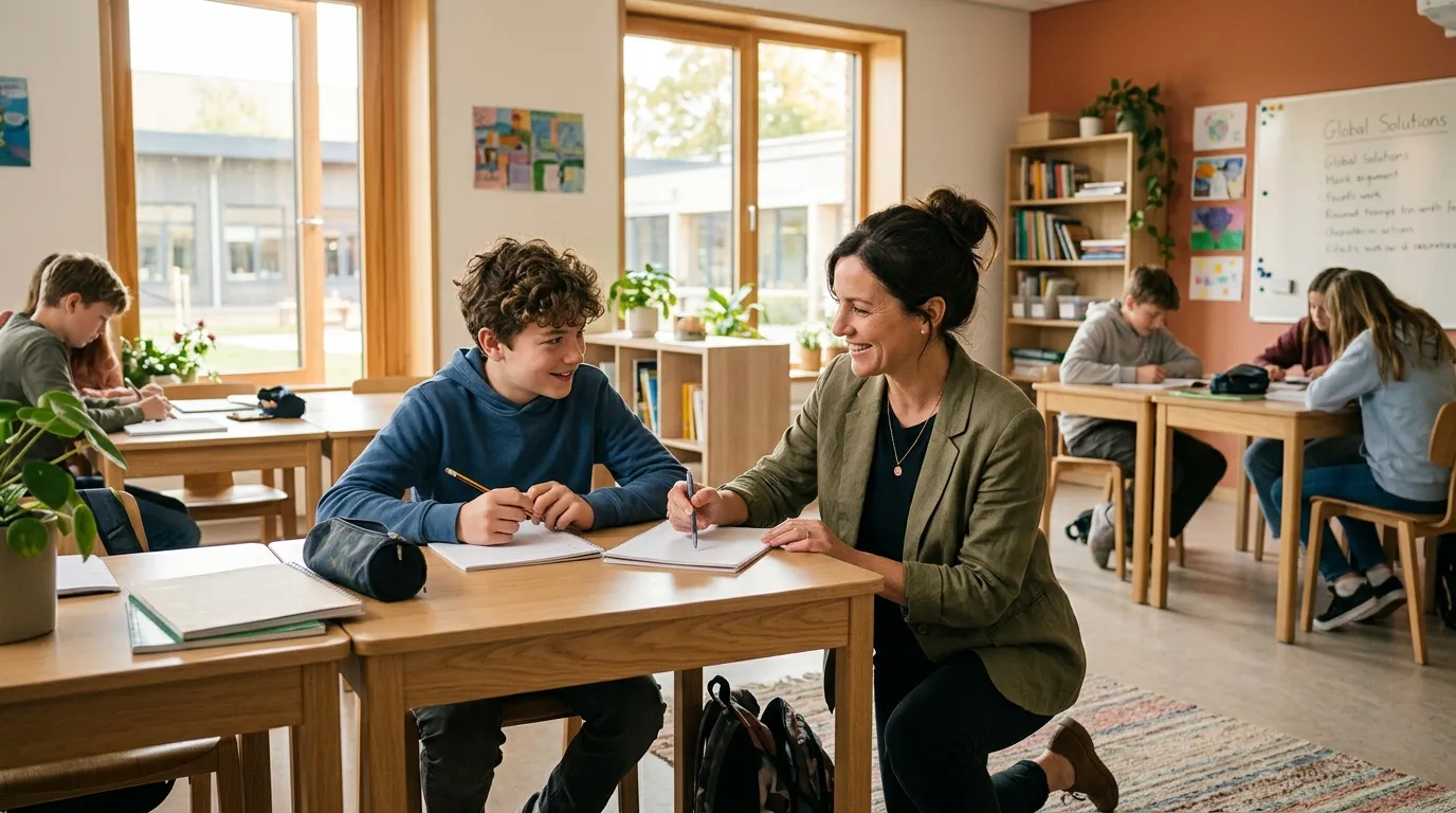 Professeure souriante travaille avec un garçon à son bureau scolaire