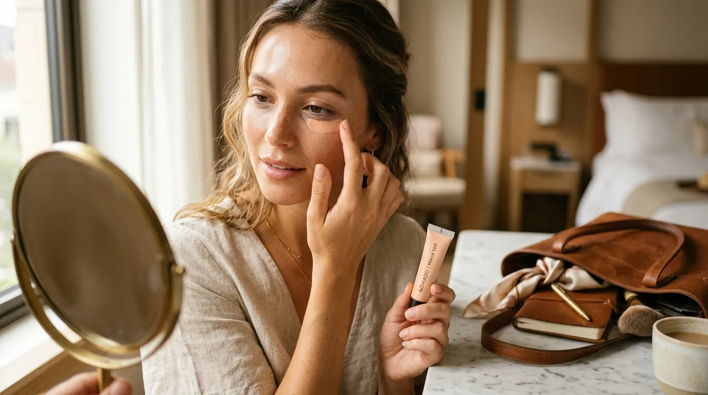 Femme examine sa peau avec miroir et cosmétique