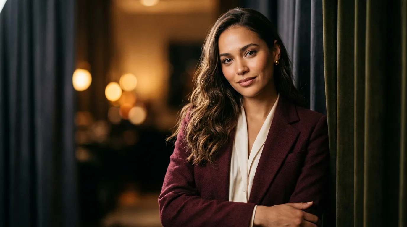 Femme professionnelle en blazer bordeaux regard confiant