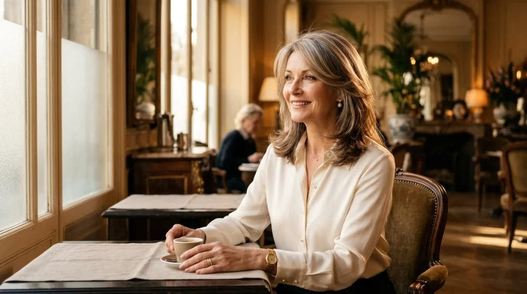 Femme souriante en chemise blanche avec café dans un intérieur luxueux