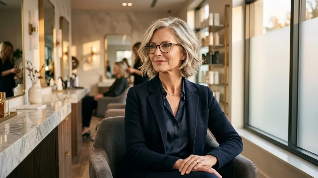 Femme avec lunettes en blazer bleu dans salon moderne