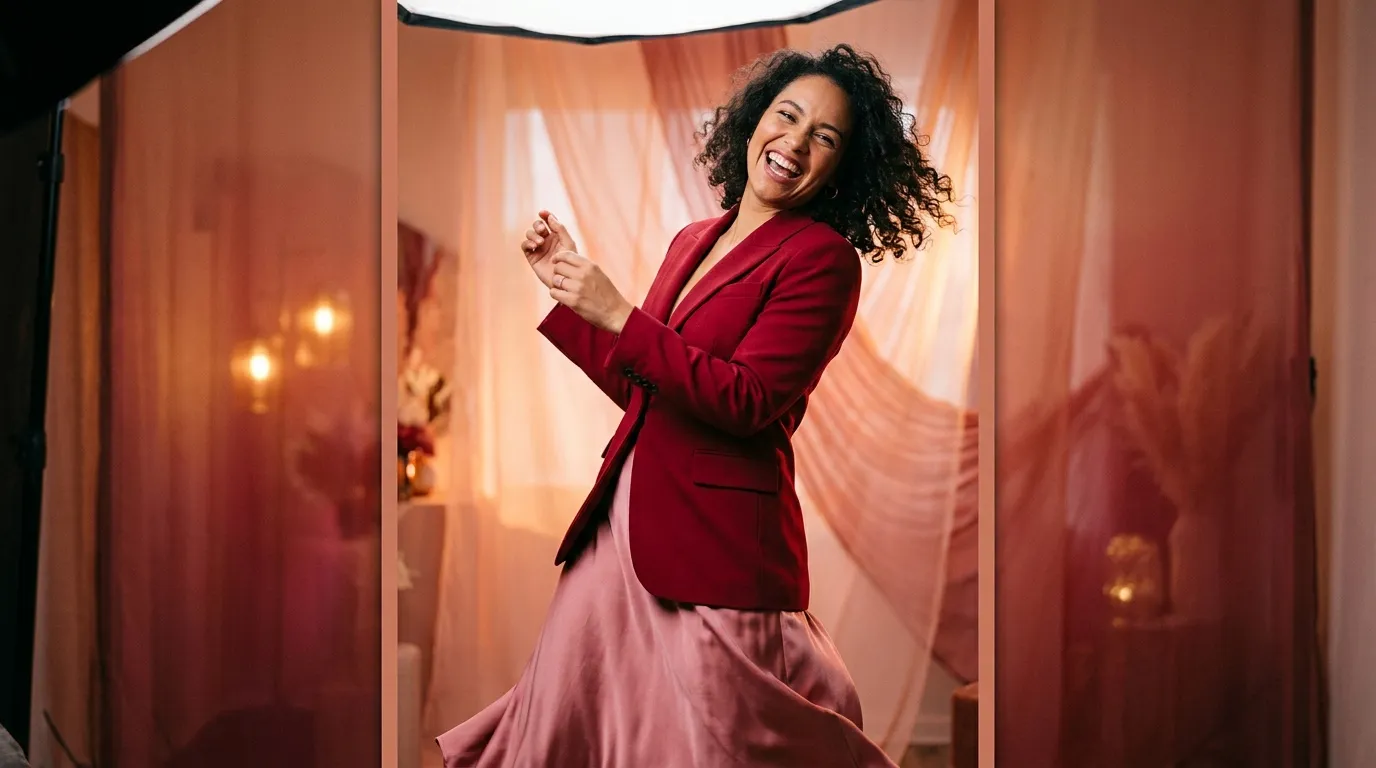 Femme joyeuse portant blazer rouge dans décor orange