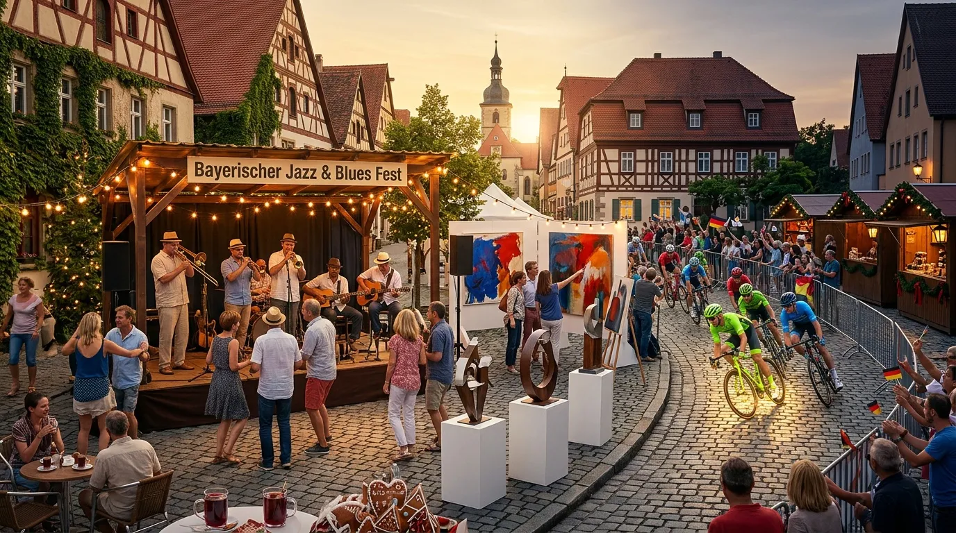 Festival musical dans une place médiévale bavaroise avec musiciens et spectateurs