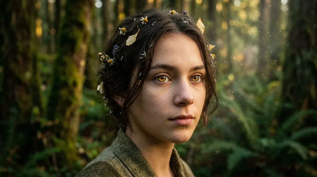 Femme aux yeux dorés dans forêt mystique avec fleurs