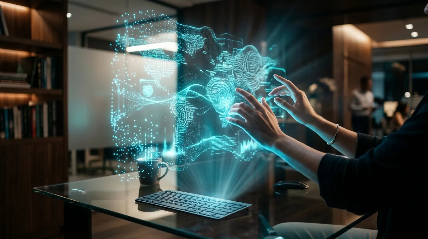 Mains interagissant avec hologramme numérique brillant