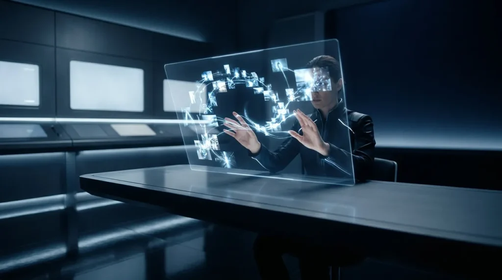 Homme manipulant une interface holographique transparente en environnement technologique