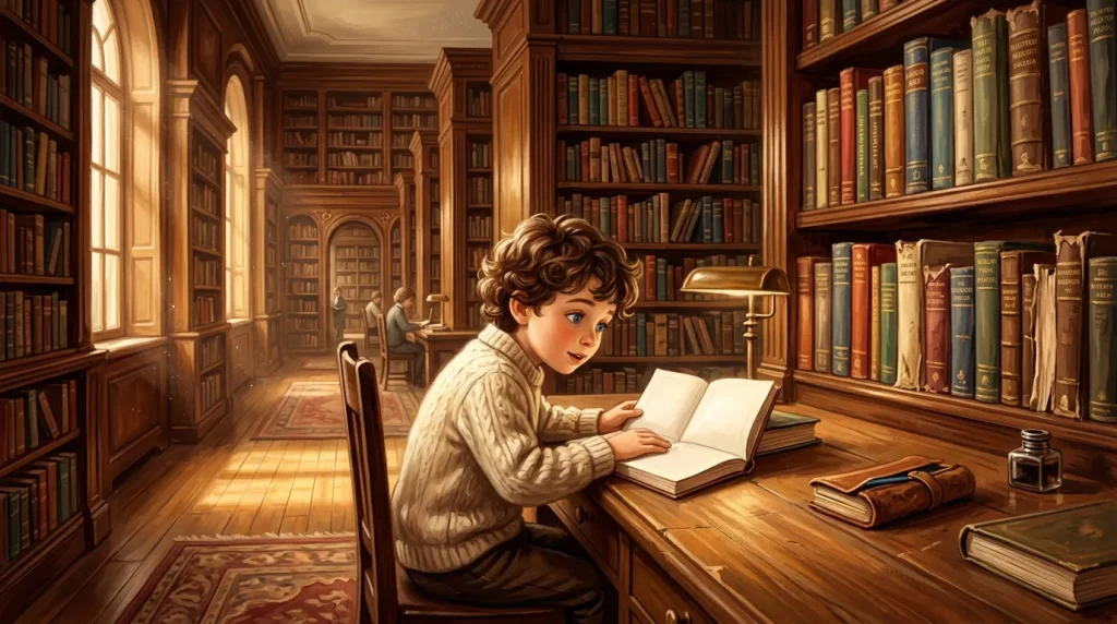 Enfant lisant dans une magnifique bibliothèque en bois ancien.