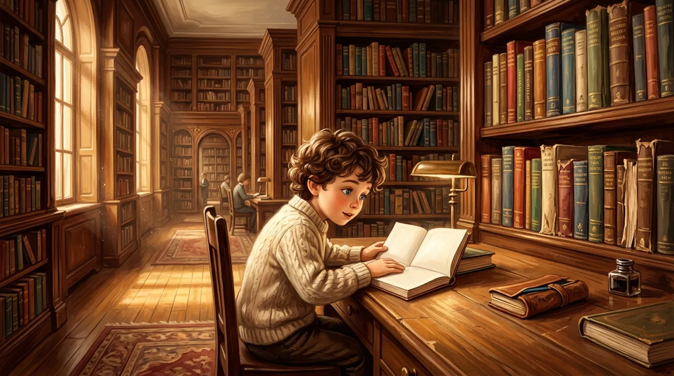 Enfant lisant dans une magnifique bibliothèque en bois ancien.