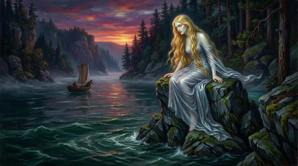 Femme blonde en robe blanche sur rocher, bateau au coucher soleil