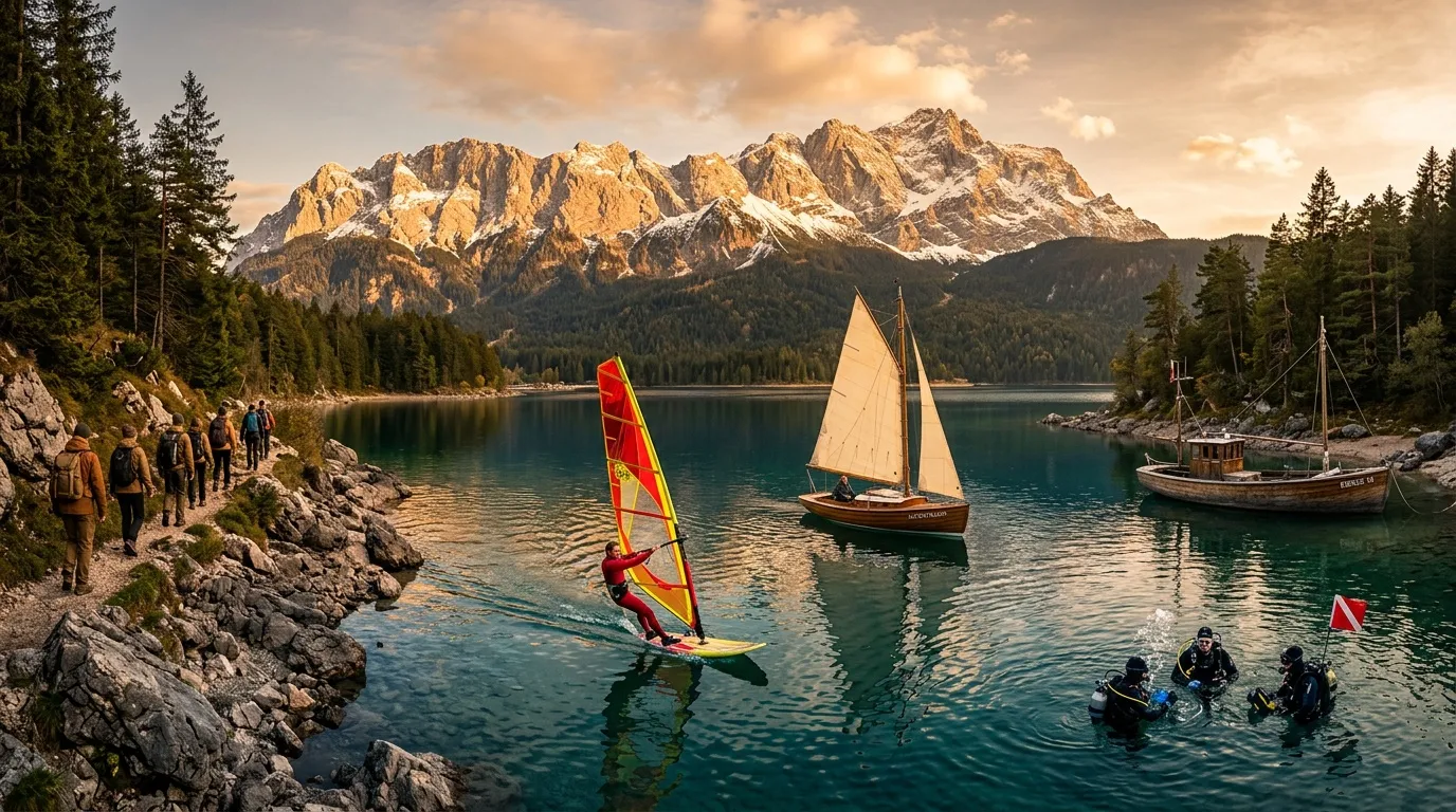 Lac montagneux avec voiliers, planchiste et randonneurs