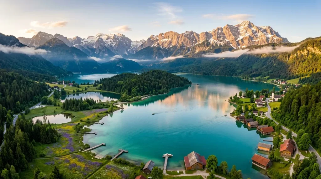 Lac turquoise entouré de montagnes enneigées et forêts alpines