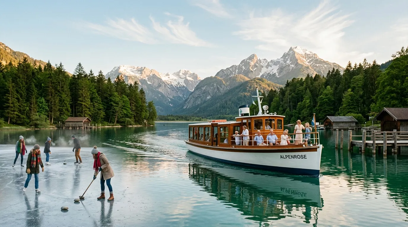 Bateau Alpenrose sur lac gelé entouré de montagnes enneigées