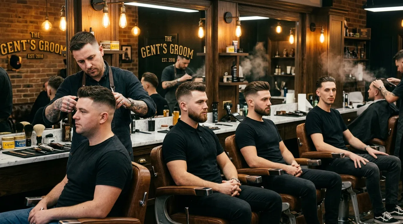 Barbier coiffant un client dans un salon de coiffure moderne.