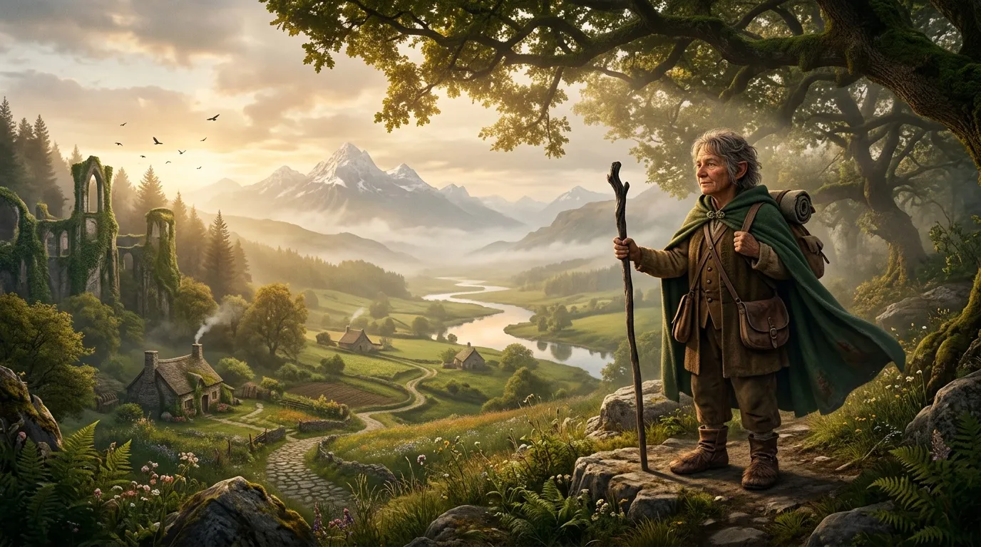 Hobbit avec bâton regardant vallée montagneuse verdoyante