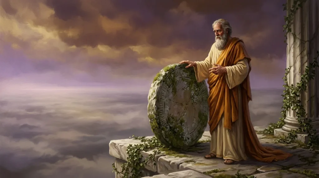 Homme âgé en robe contemplant une horloge ancienne