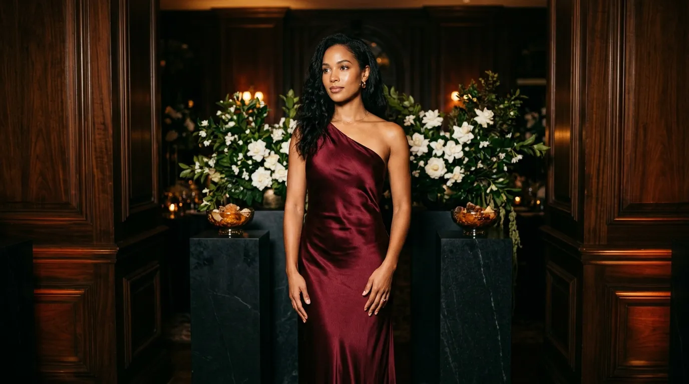 Femme en robe bordeaux posant devant fleurs blanches