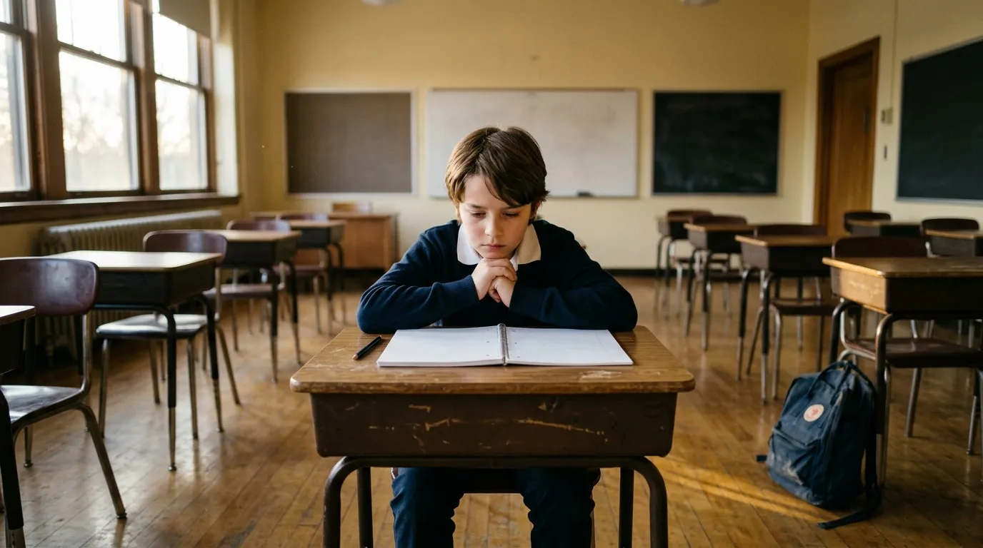 Jeune garçon concentré à son bureau d'école solitaire