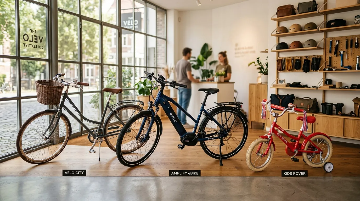 Boutique présentant trois vélos et un tricycle enfant
