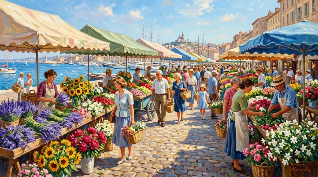 Marché coloré de fleurs au bord d'un port méditerranéen animé