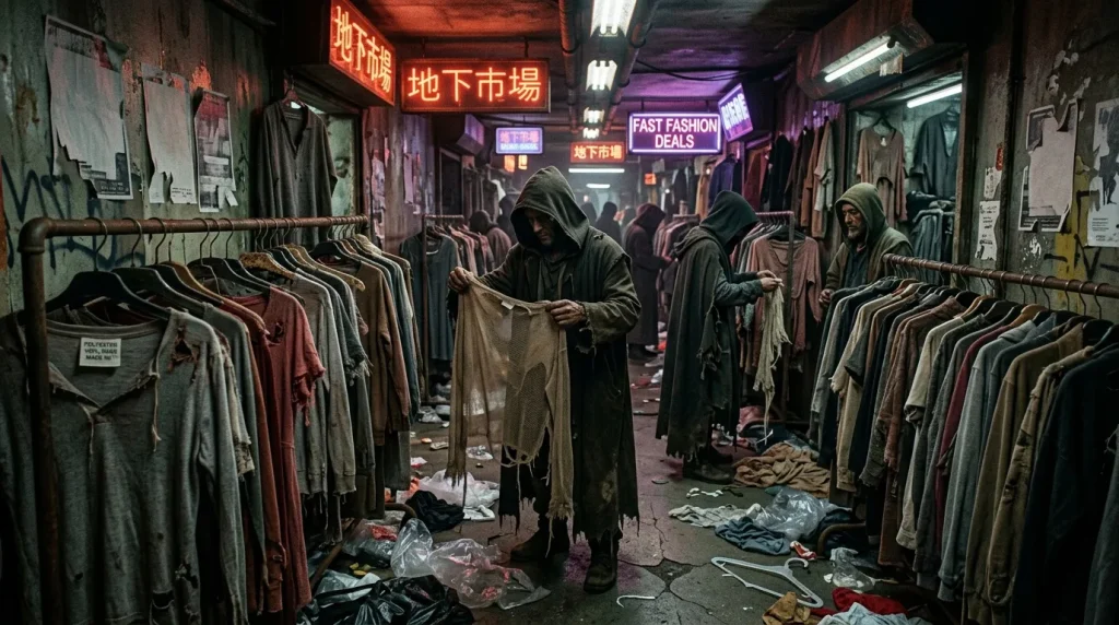 Marché souterrain asiatique avec vêtements et néons