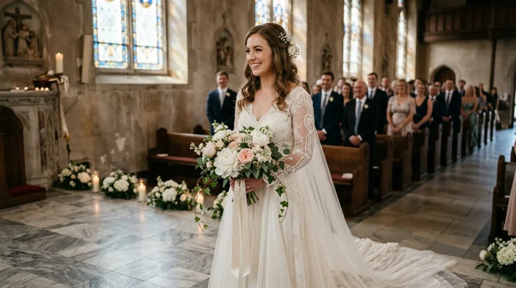 Mariée en robe blanche avec bouquet dans une église