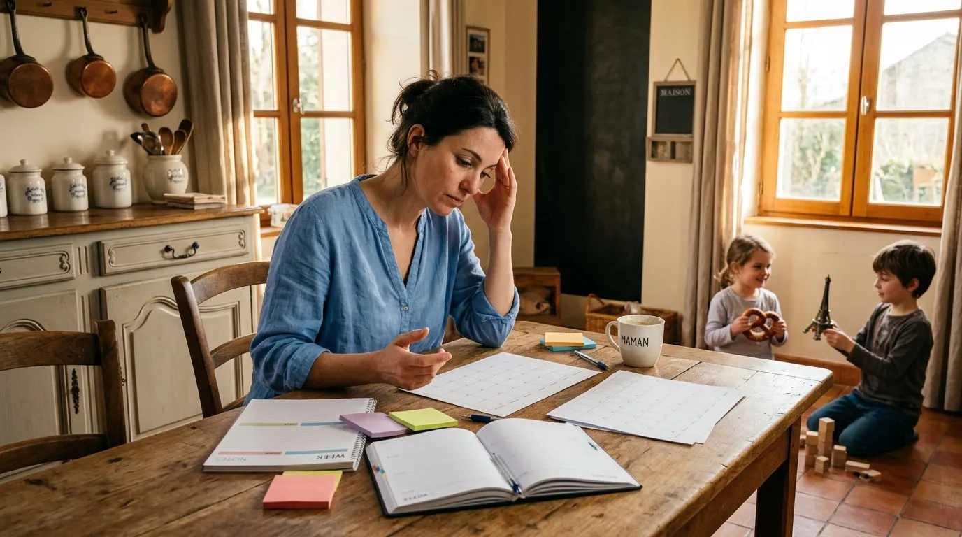 Femme stressée travaillant à table pendant que enfants jouent