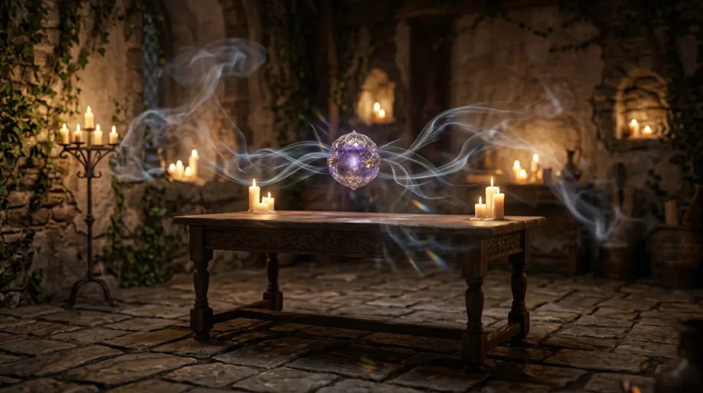 Sphère lumineuse violette flottant au-dessus d'une table entourée de bougies