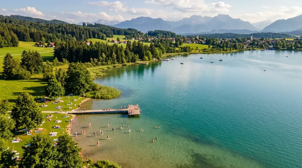 Lac turquoise entouré de montagnes, forêts et villages alpins